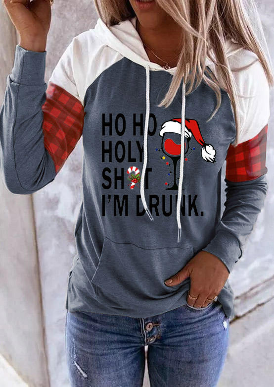 Hoodies Ho Ho Ho I'm Drunk Plaid Striped Splicing Hoodie in Multicolor. Size: S,M,L,XL