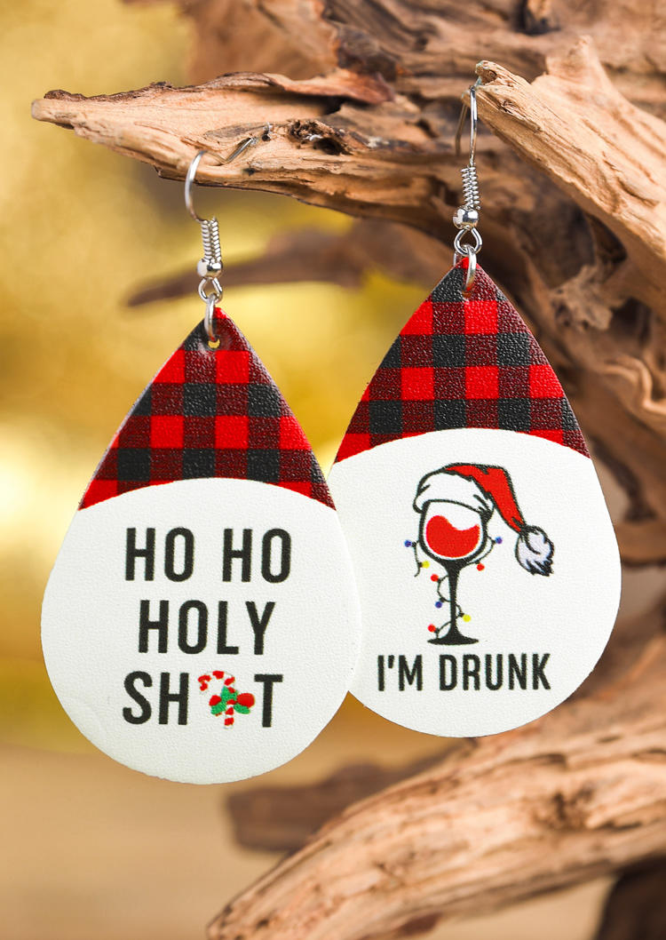 

Earrings Christmas I'm Drunk Wine Glass Buffalo Plaid Earrings in Red. Size