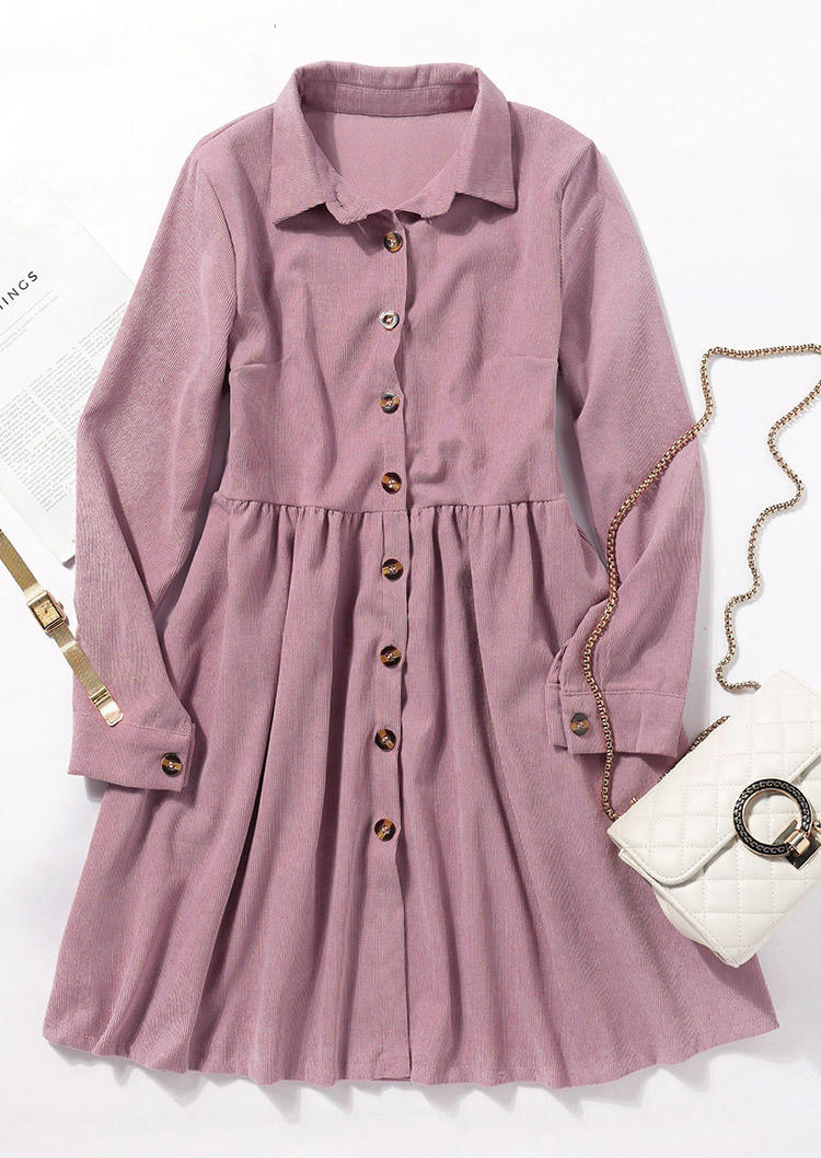 Mini Dresses Button Ruffled Turn-down Collar Mini Dress in Purple. Size: S,L