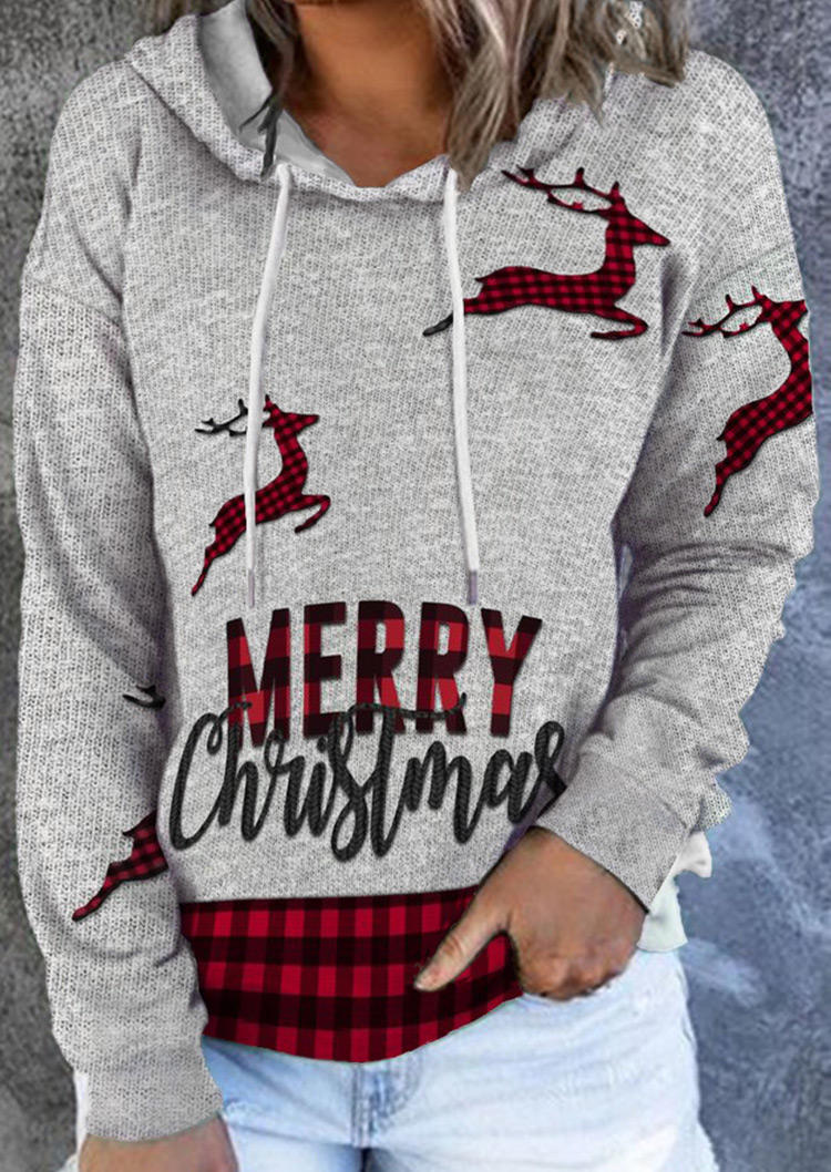 

Hoodies Merry Christmas Reindeer Buffalo Plaid Hoodie in Gray. Size: ,M,L,XL