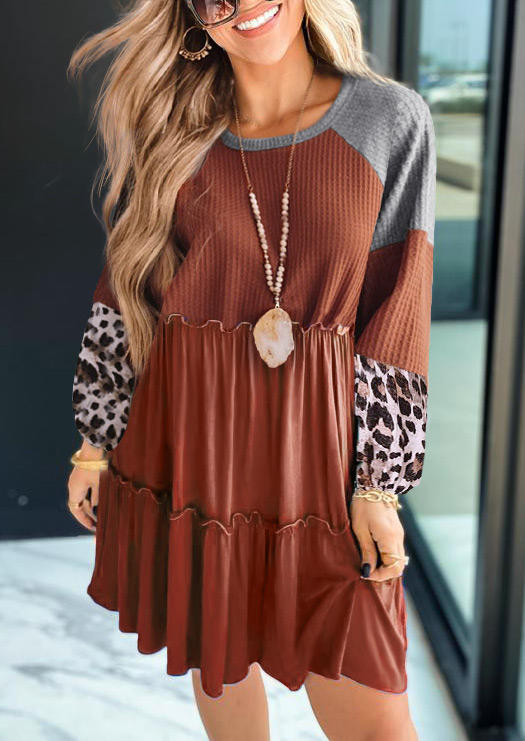 Waffle Leopard Ruffled Long�0�2Sleeve Mini Dress - Brick Red