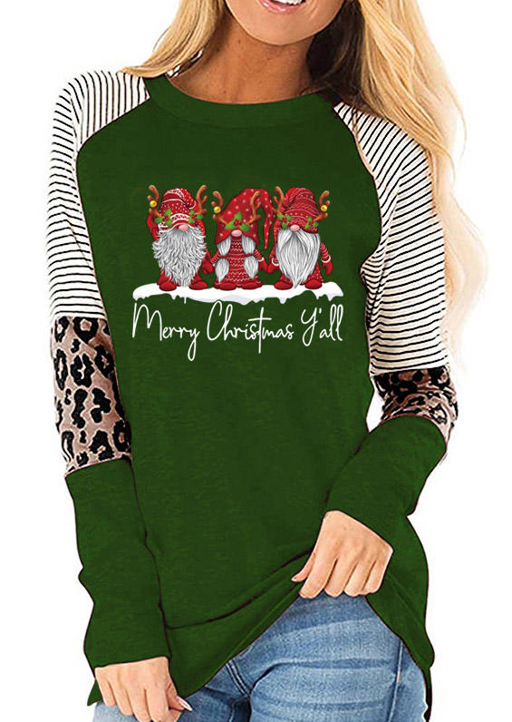 T-shirts Tees Merry Christmas Y'all Gnomies Striped Leopard T-Shirt Tee in Green. Size: L,M,S,XL