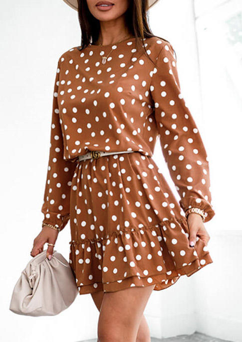 

Mini Dresses Polka Dot Ruffled Long Sleeve Mini Dress in Brown. Size