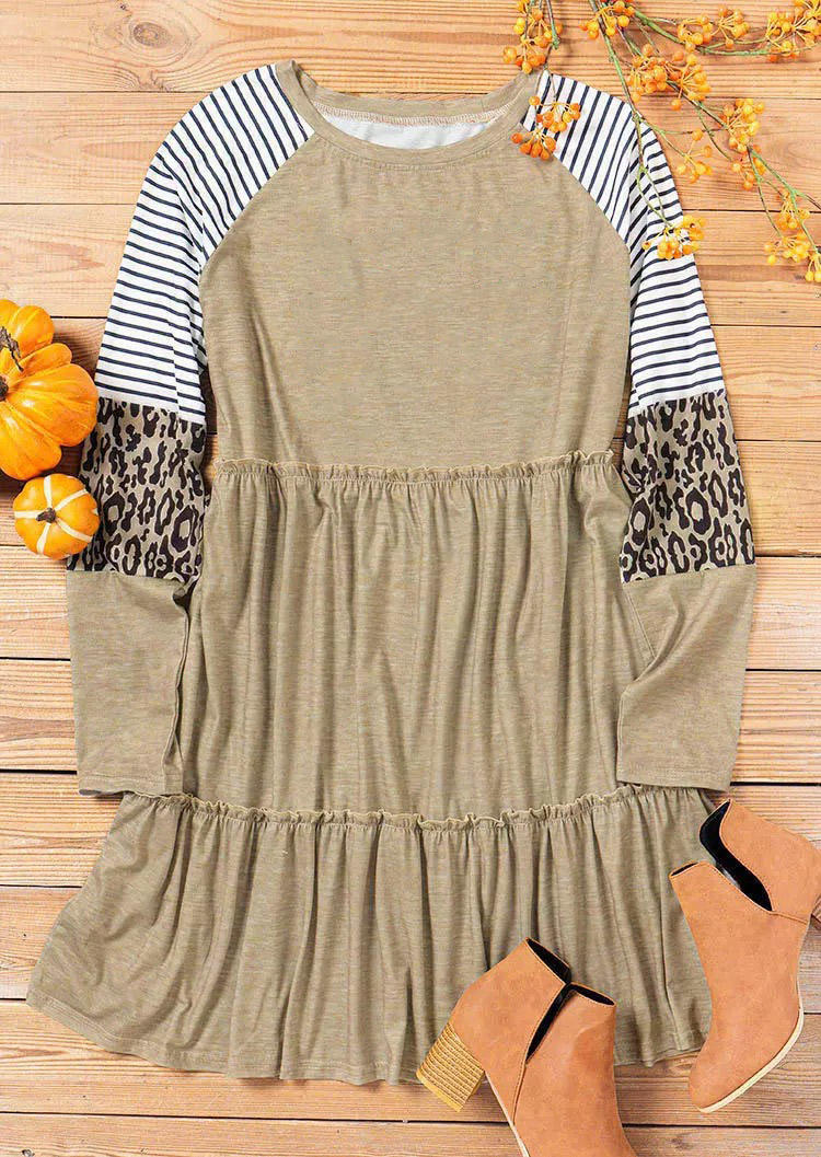 

Mini Dresses Striped Leopard Ruffled Long Sleeve Mini Dress in Khaki. Size