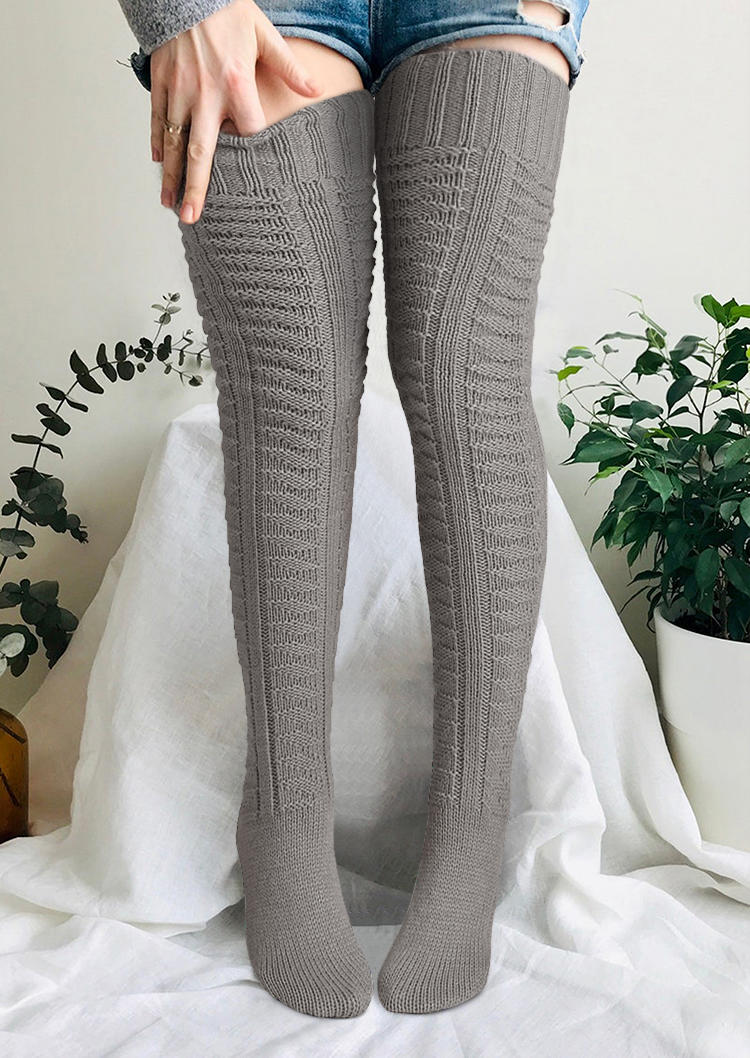 Knee-High Socks Knitted Thigh-High Socks in Gray. Size: One Size
