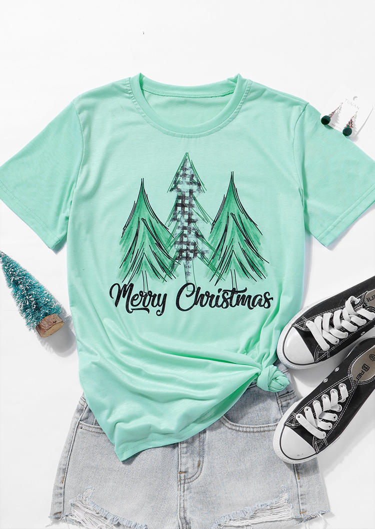 Merry Christmas Tree Plaid T-Shirt Tee - Light Green