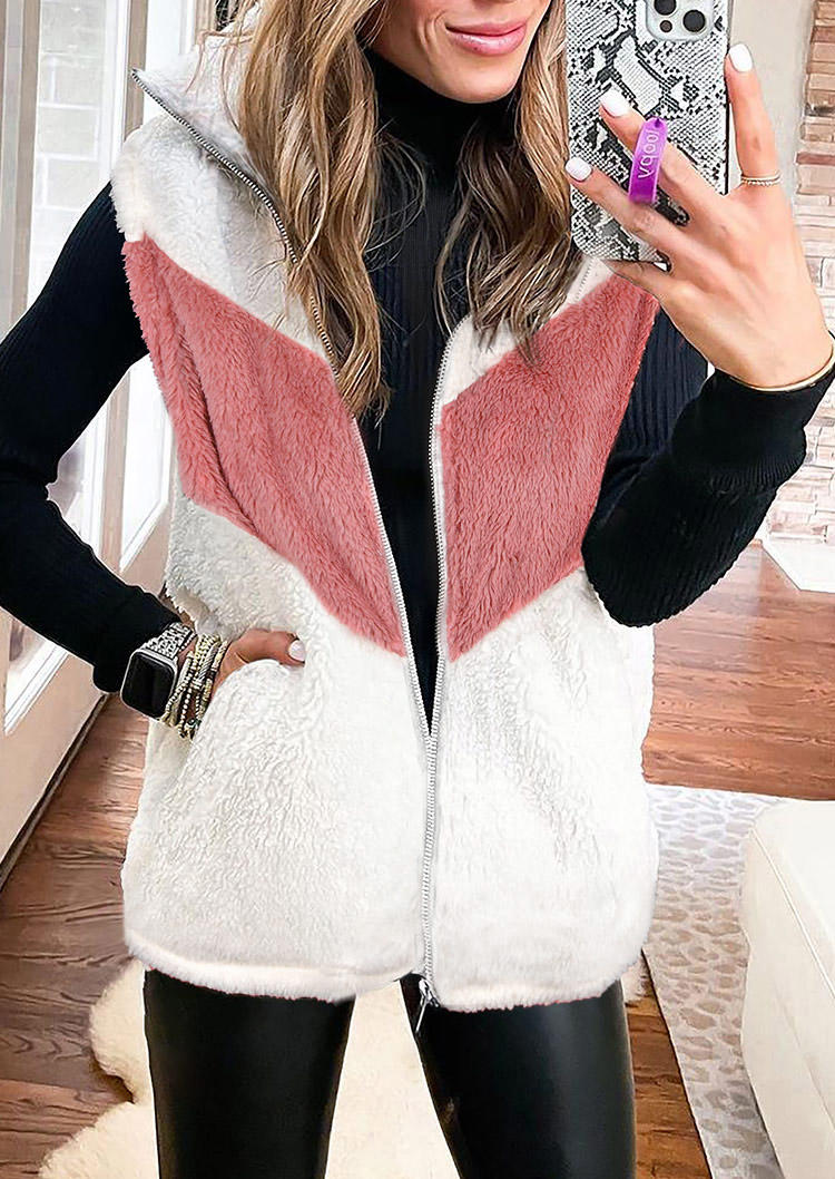 

Coats Color Block Plush Pocket Vest Coat in White. Size: ,M,L,XL