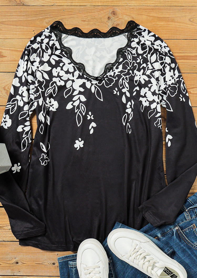 Blouses Lace Splicing Leaf Casual Blouse - 	Black in Black. Size: M,L,XL