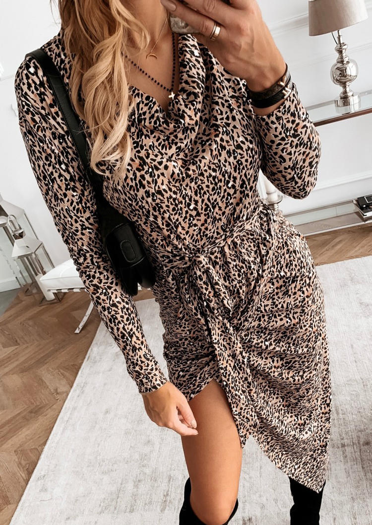 

Midi Dresses Leopard Irregular Tie Long Sleeve Midi Dress in Leopard. Size: ,M,L,XL