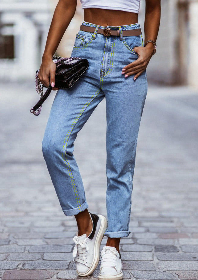 

Pants Pocket High Waist Denim Jeans in Blue. Size: ,M,L,XL