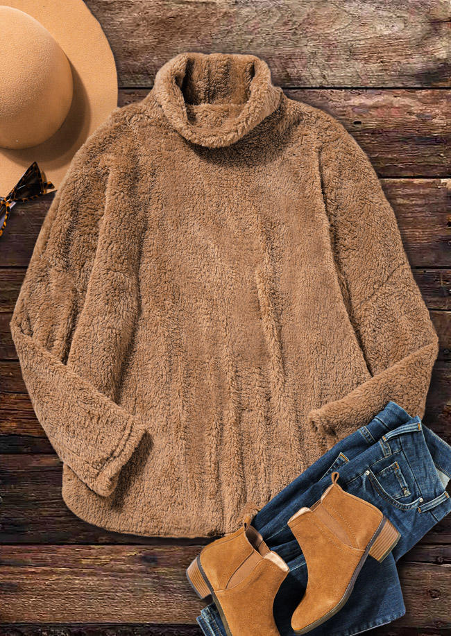 

Sweatshirts Turtleneck Plush Long Sleeve Sweatshirt in Khaki. Size