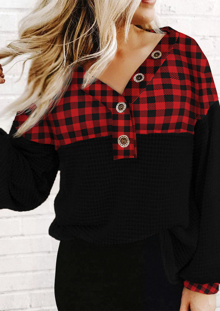 

Blouses Plaid Button Splicing Waffle Blouse in Black. Size: ,M,L,XL