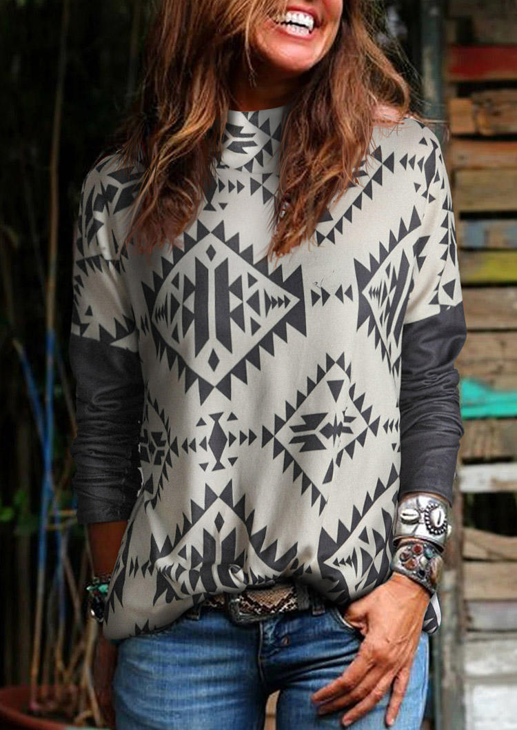 

Blouses Aztec Geometric Long Sleeve Blouse in Beige. Size: ,M,L,XL