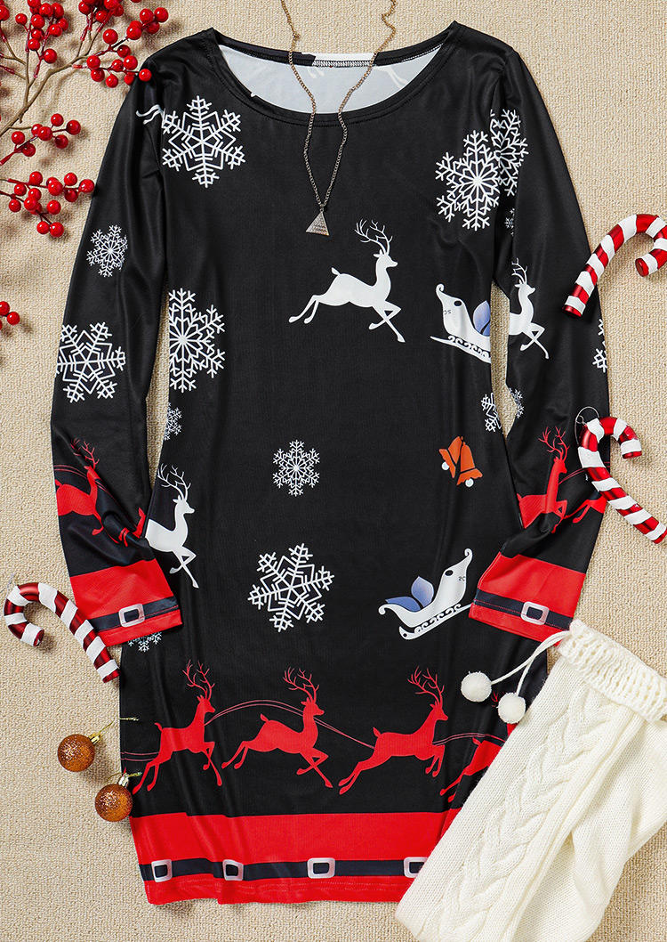 Mini Dresses Christmas Reindeer Long Sleeve Mini Dress in Black. Size: S,L,XL