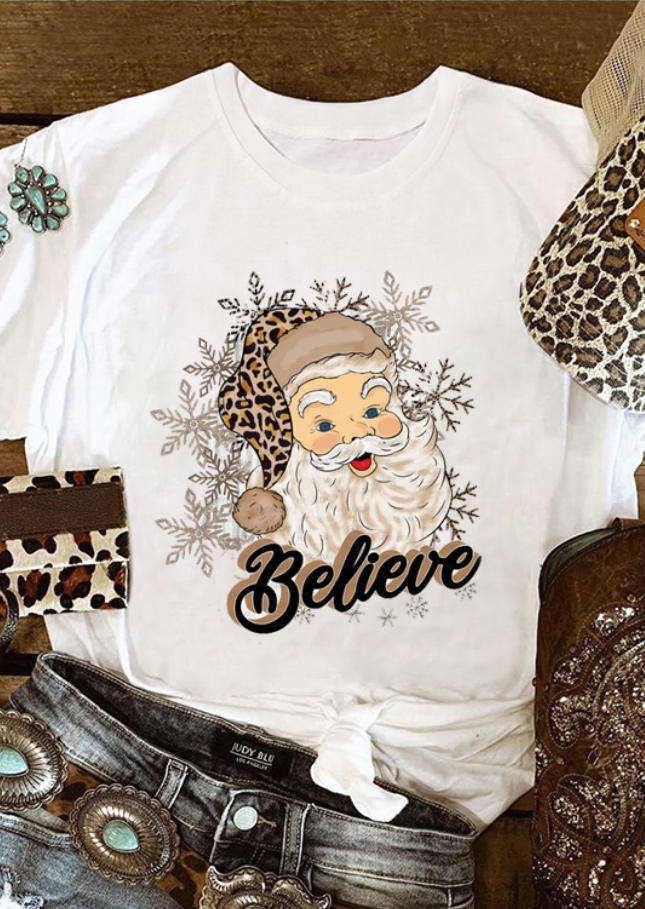 T-shirts Tees Christmas Snowflake Leopard Santa Claus Believe T-Shirt Tee in White. Size: S,M,L