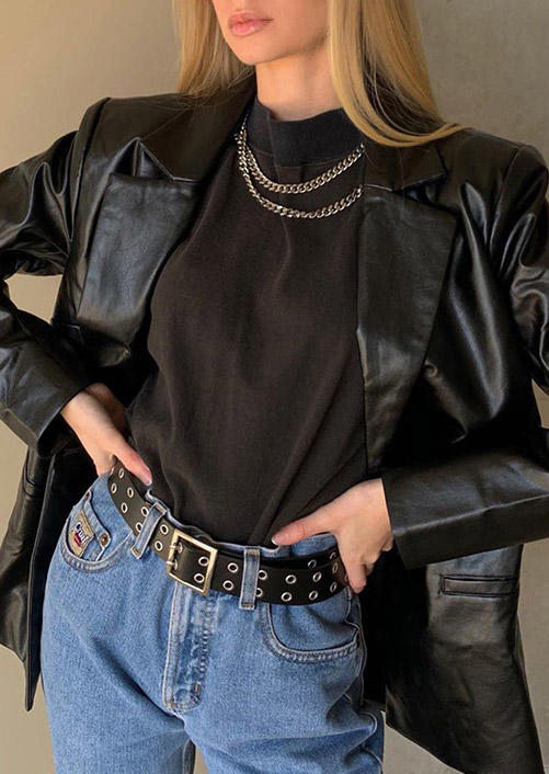 

Jackets Vintage PU Leather Long Sleeve Jacket in Black. Size: ,M,L