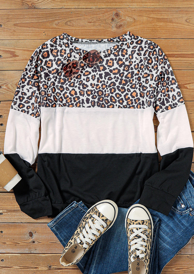 

Blouses Leopard Color Block Long Sleeve Blouse in Multicolor. Size