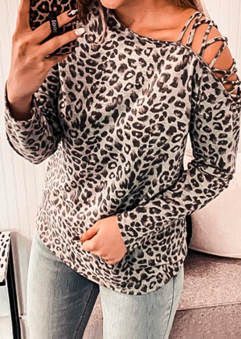 

Blouses Leopard Criss-Cross One Sided Cold Shoulder Blouse in Leopard. Size: ,M,L,XL