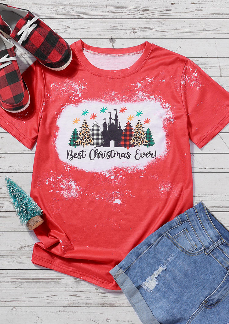 T-shirts Tees Best Christmas Ever Leopard Plaid Tree T-Shirt Tee in Red. Size: L,M,S