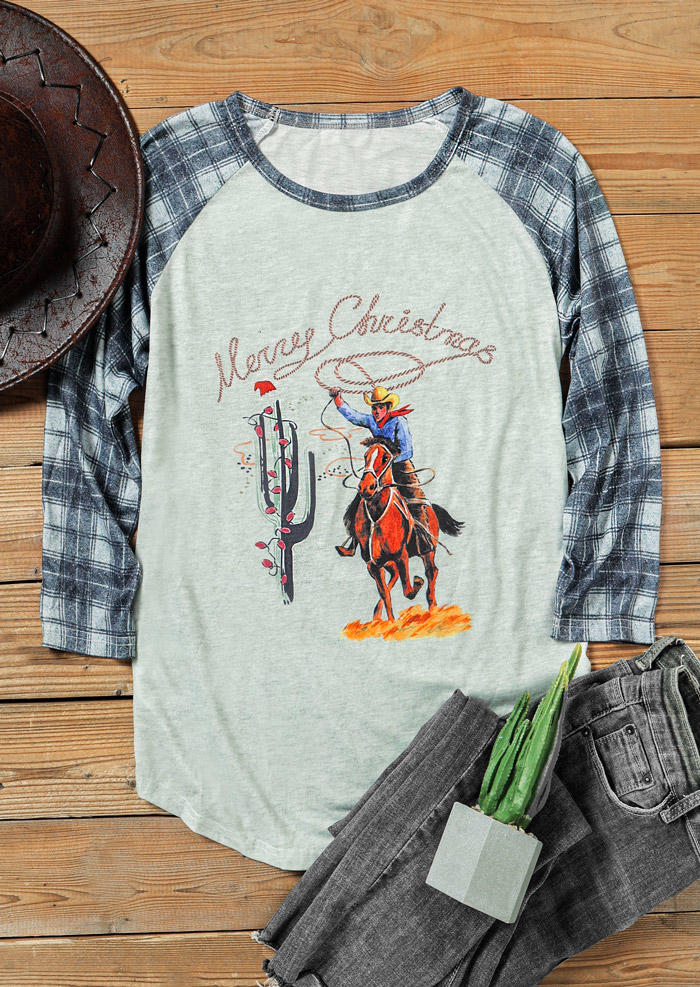 T-shirts Tees Merry Christmas Plaid Cactus Cowboy T-Shirt Tee in Multicolor. Size: L,M,S,XL