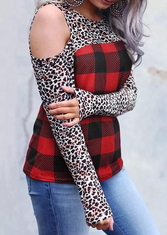 

Blouses Leopard Plaid Cold Shoulder Long Sleeve Blouse in Multicolor. Size: L,M