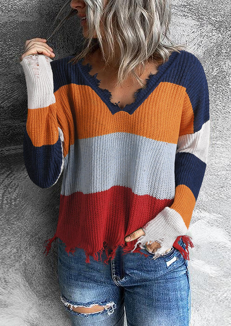 

Sweaters Color Block Frayed Hem Knitted V-Neck Sweater in Multicolor. Size