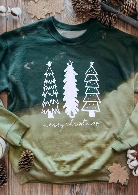 Sweatshirts Merry Christmas Tree Gradient Long Sleeve Sweatshirt in Green. Size: L,M,S