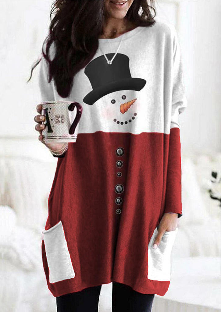 Christmas Snowman Pocket Color Block Mini Dress - Red