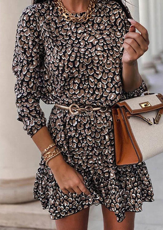 Mini Dresses Leopard Ruffled Button Long Sleeve Mini Dress in Coffee. Size: S,M,XL