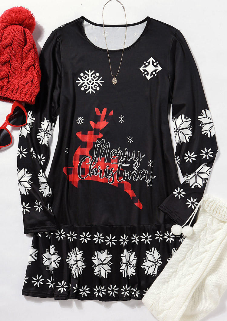 Mini Dresses Merry Christmas Reindeer Plaid Mini Dress in Black. Size: M