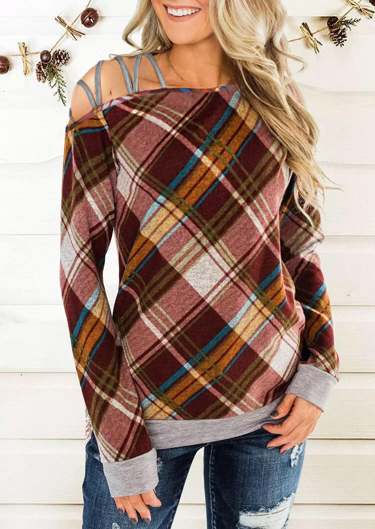 

Blouses Plaid One Sided Cold Shoulder Hollow Out Blouse in Plaid. Size