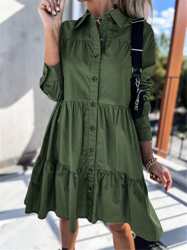 

Mini Dresses Ruffled Button Long Sleeve Mini Dress in Army Green. Size
