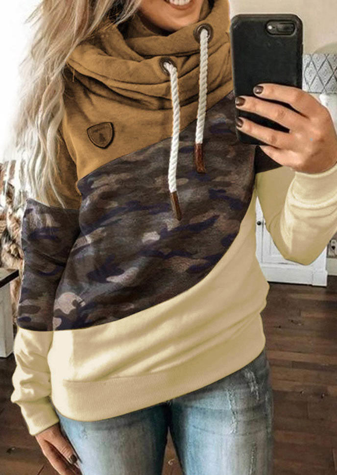 

Hoodies Camouflage Splicing Drawstring Long Sleeve Hoodie in Multicolor. Size