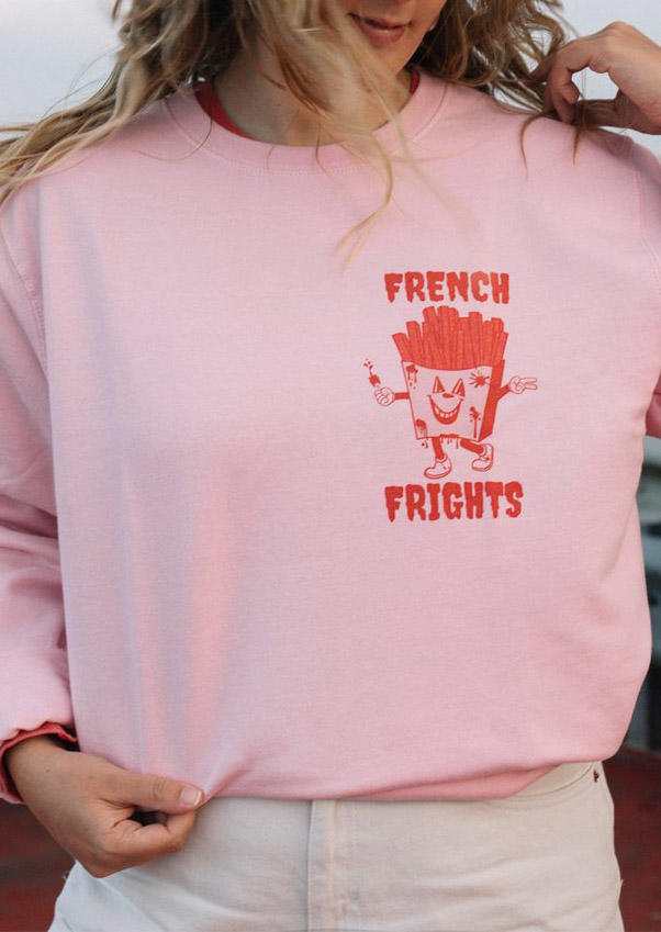 

Sweatshirts French Frights Graphic Pullover Sweatshirt in Pink. Size: ,M,L,XL