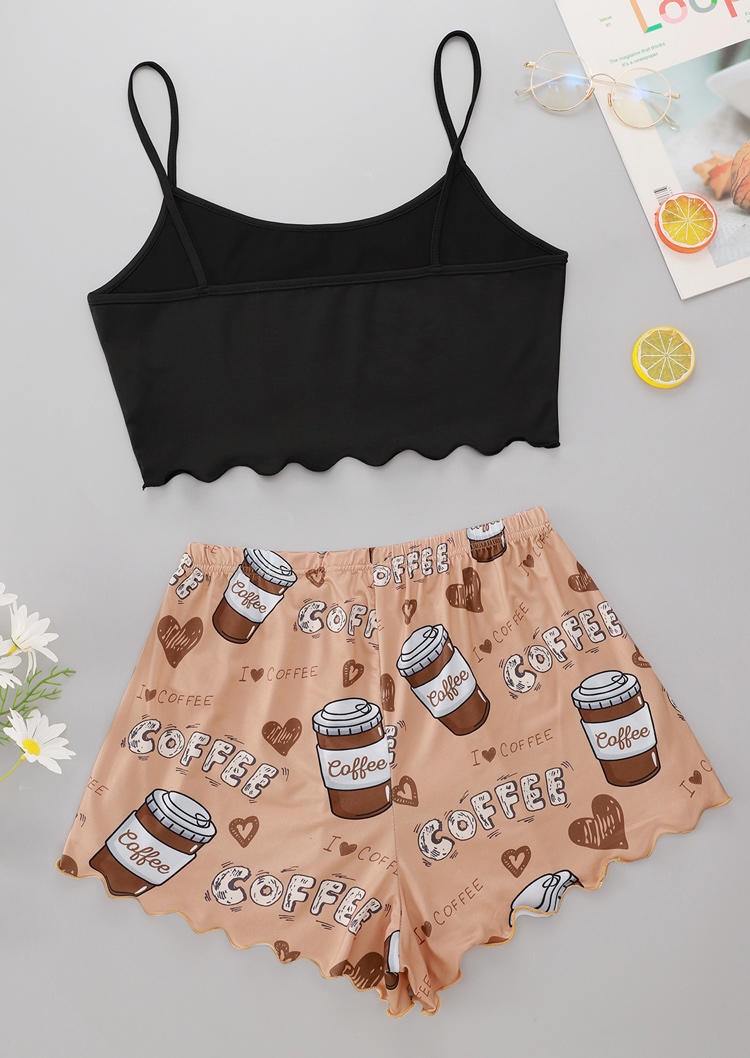 

Sleepwear Coffee Donuts Scallop Hem Camisole And Bowknot Shorts Pajamas Set in Multicolor. Size: ,M,L,XL