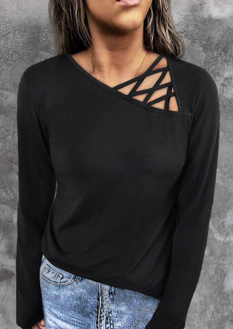Criss-Cross Hollow Out Long Sleeve Blouse - Black