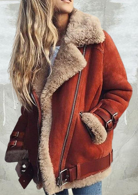 

Coats Plush Thickened Warm Pocket Zipper Coat in Brick Red. Size