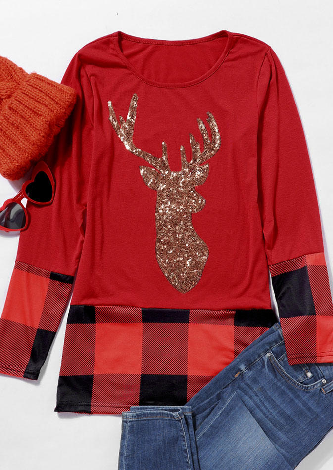 

Blouses Christmas Reindeer Plaid Blouse in Red. Size: ,M