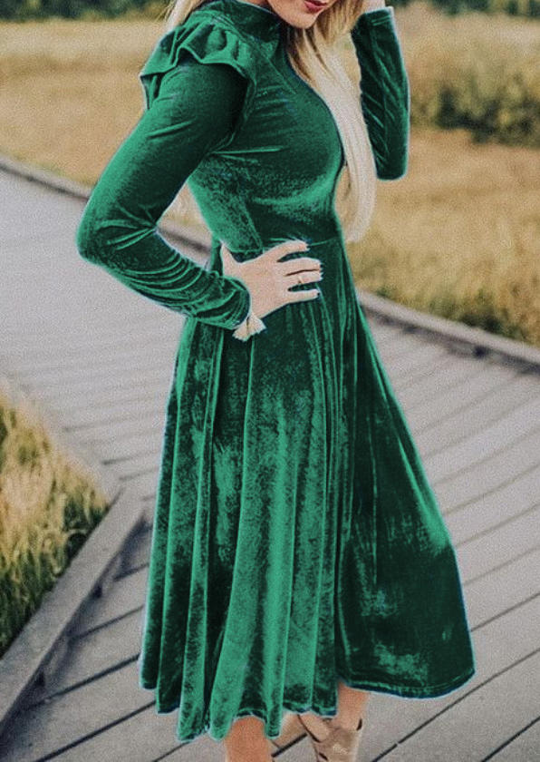 

Midi Dresses Velvet Ruffled Long Sleeve Midi Dress in Green. Size