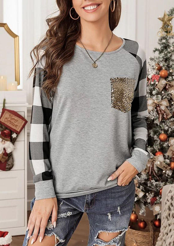 

Blouses Sequined Pocket Plaid Raglan Sleeve Blouse in Gray. Size: ,M,L,XL