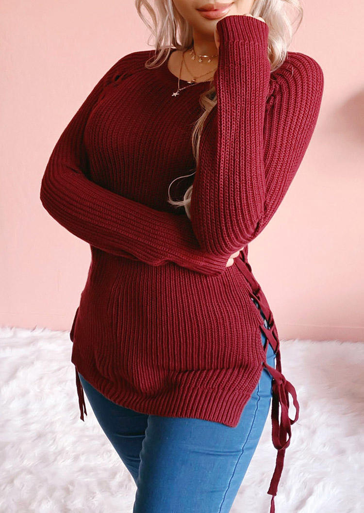 

Sweaters Lace Up Knitted Long Sleeve Sweater in Burgundy. Size: ,M,L,XL