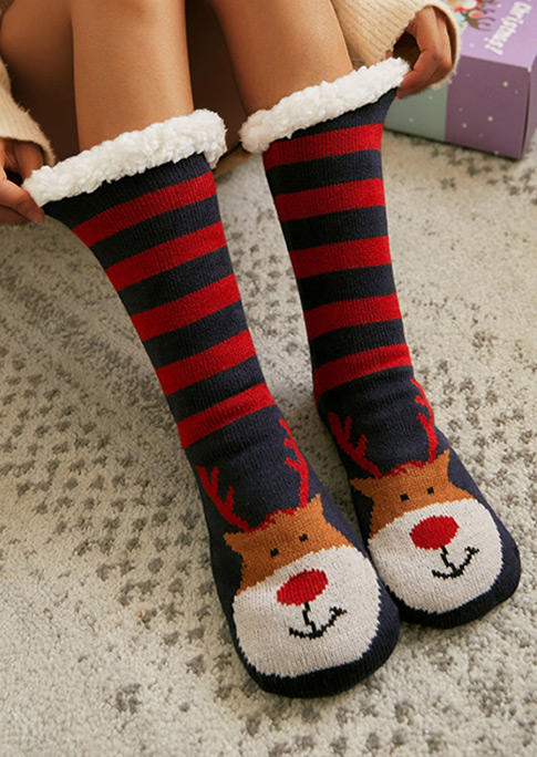 

Crew Socks Christmas Reindeer Striped Fluffy Crew Socks in Blue. Size