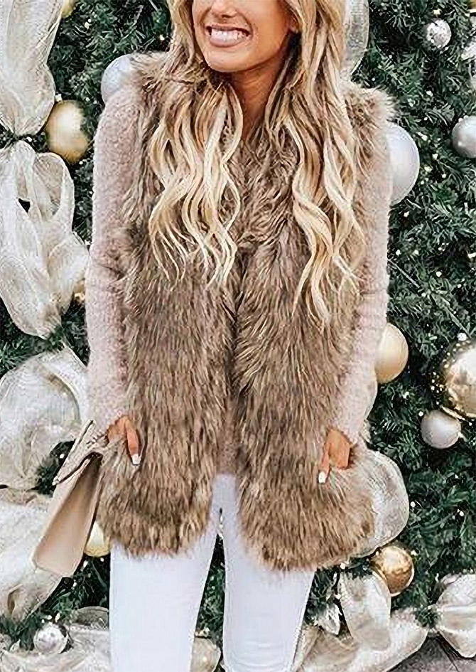 

Coats Faux Fur Waistcoat Vest Coat in Khaki. Size: ,M,L,XL