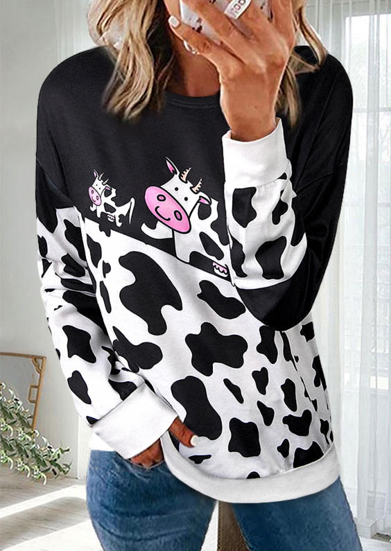 Sweatshirts Cow Long Sleeve Pullover Sweatshirt in Black. Size: L,M,S