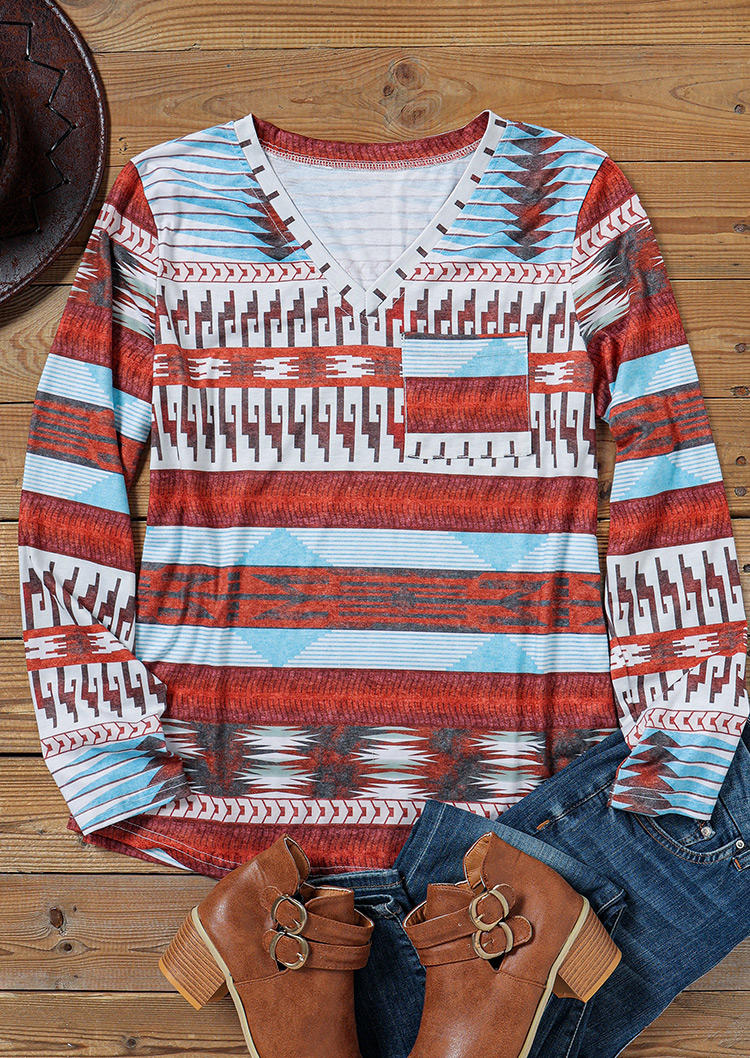 

Blouses Aztec Geometric Western V-Neck Blouse in Multicolor. Size: ,L