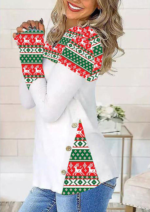 

Blouses Christmas Reindeer Button V-Neck Blouse in White. Size