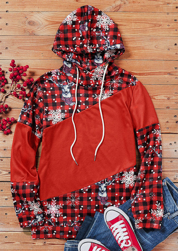 

Hoodies Christmas Snowflake Plaid Hoodie in Red. Size