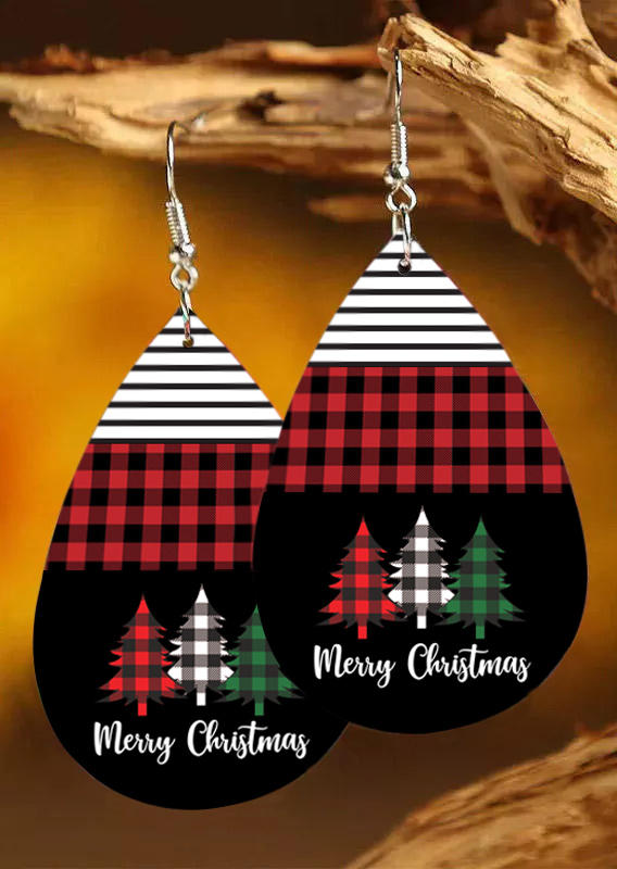 

Earrings Merry Christmas Tree Plaid Striped Earrings in Black. Size