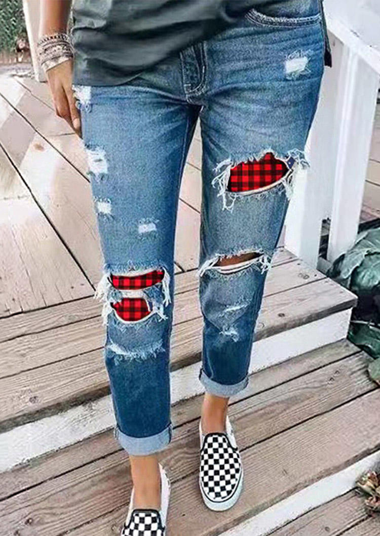 

Pants Plaid Ripped Hole Frayed Pants in Blue. Size
