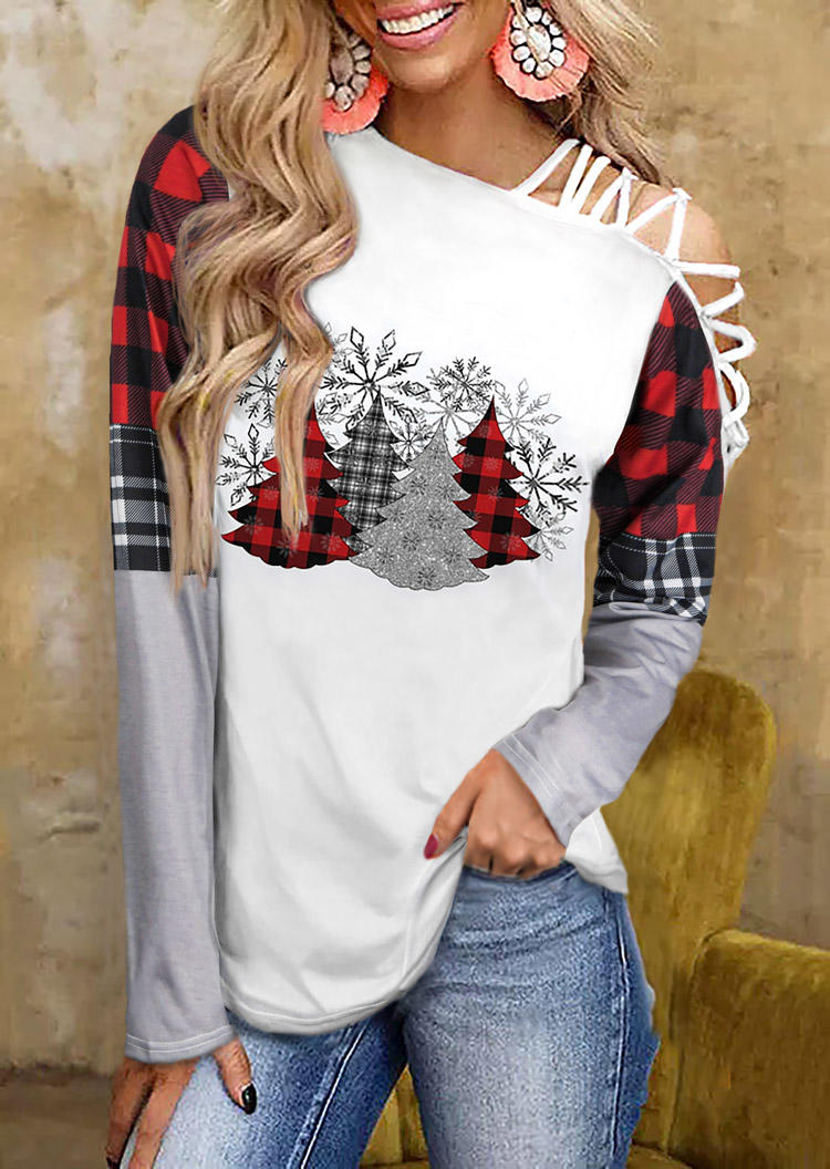 

Blouses Buffalo Plaid Tree Cold Shoulder Blouse in White. Size